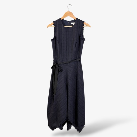 1901 Blue Midi Dress Size 2 Plaid Fringe Trim Handkerchief Asymmetrical Casual - Picture 1 of 9